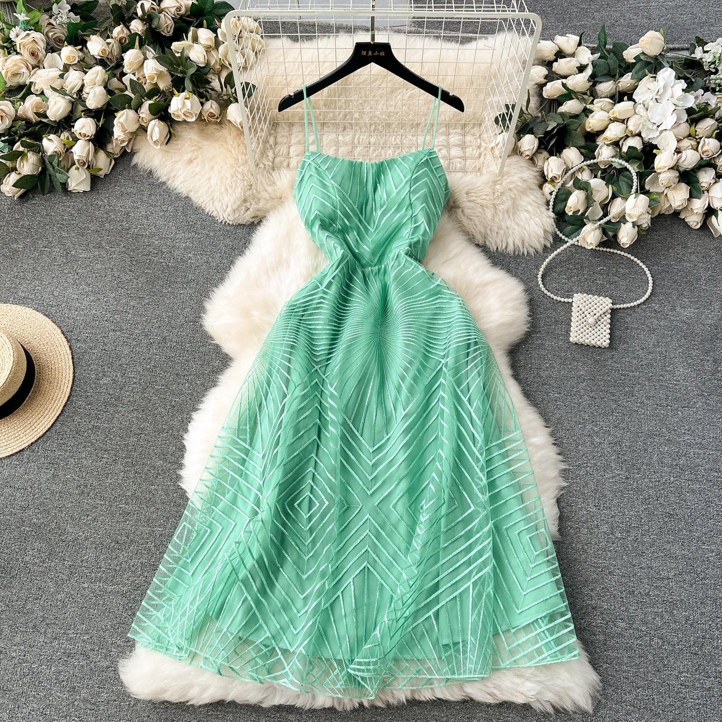 Luxury Mesh Party Dress – Embroidered Spaghetti Strap Gown