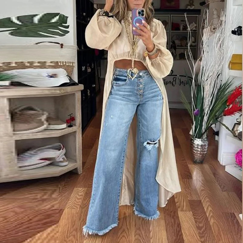 Asymmetrical Long Puff Sleeve Blouse