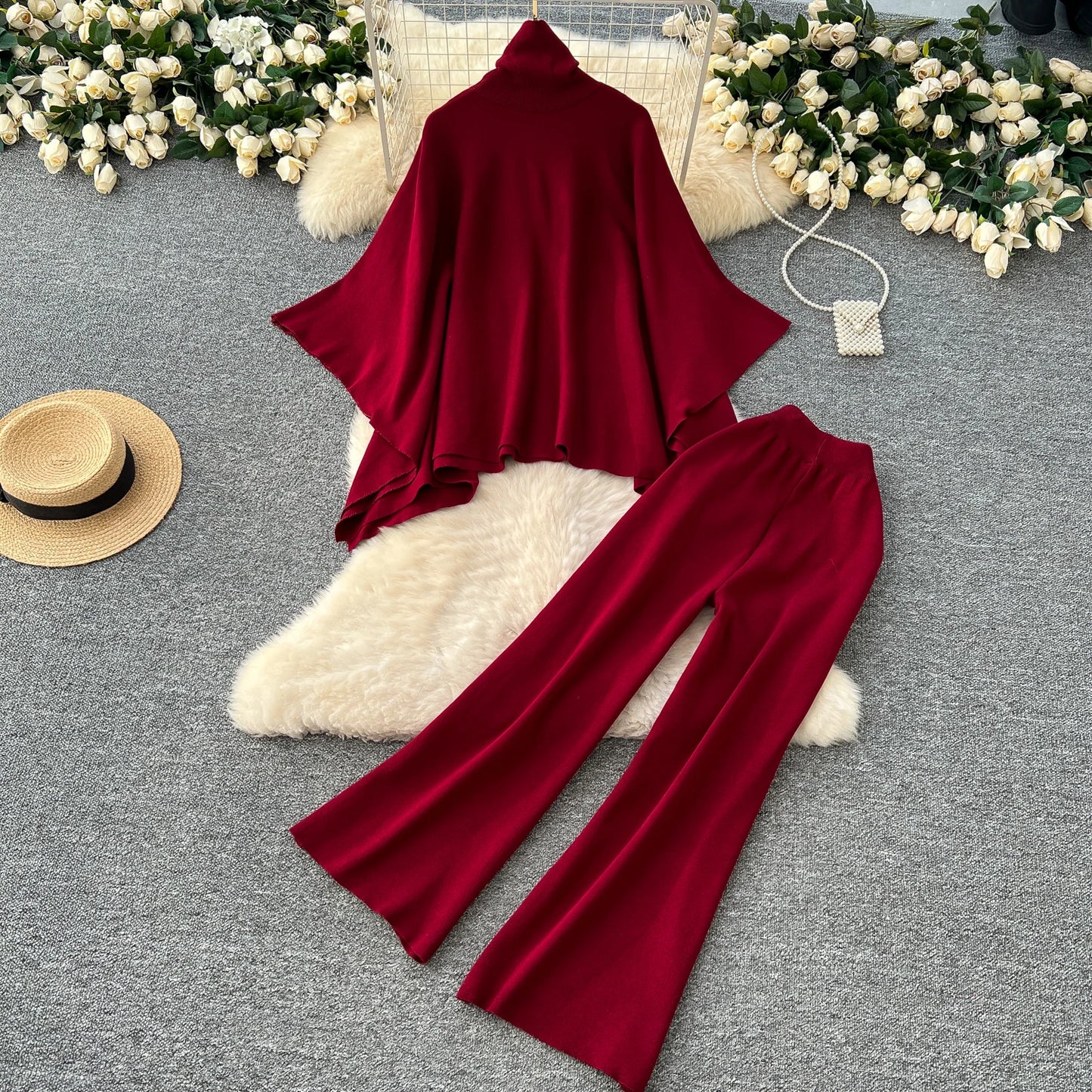 SINGREINY Turtleneck Warm Two-Piece Set – Knitted Sweater & Wide Leg Pants