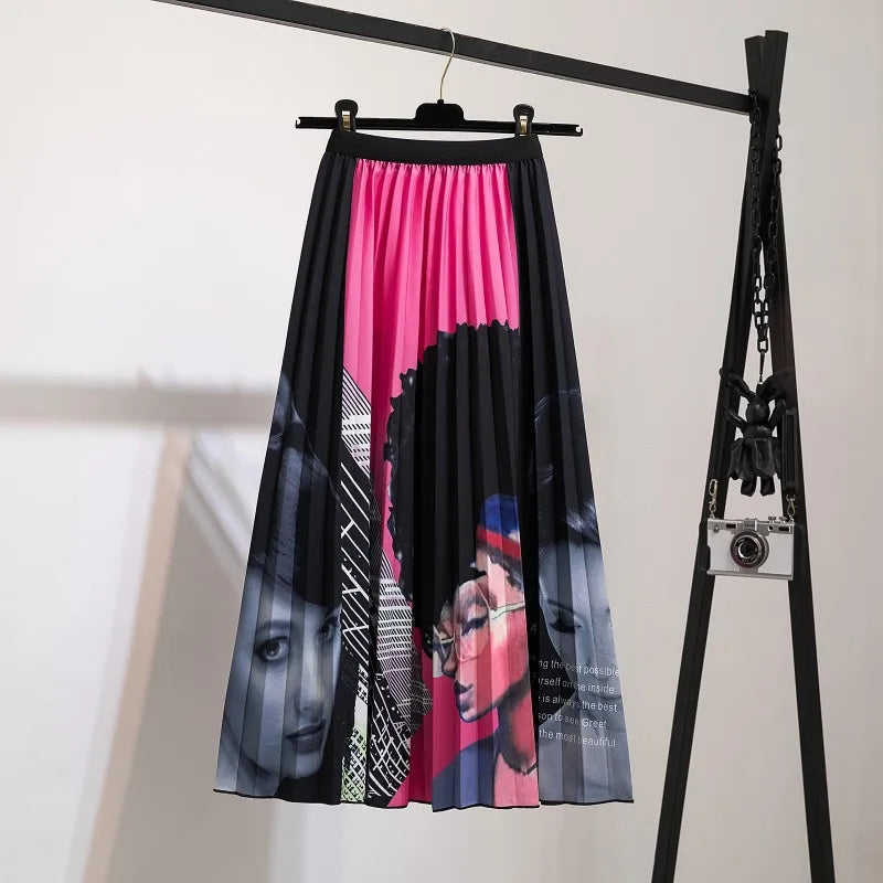 Women’s Cartoon Print Pleated Skirt – High Waist Big Swing Skirt