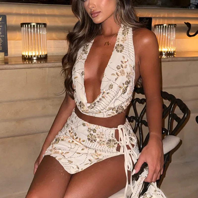 Women’s Club Party 2-Piece Set – Backless Sequin Crop Top + Tie-Up Pencil Skirt