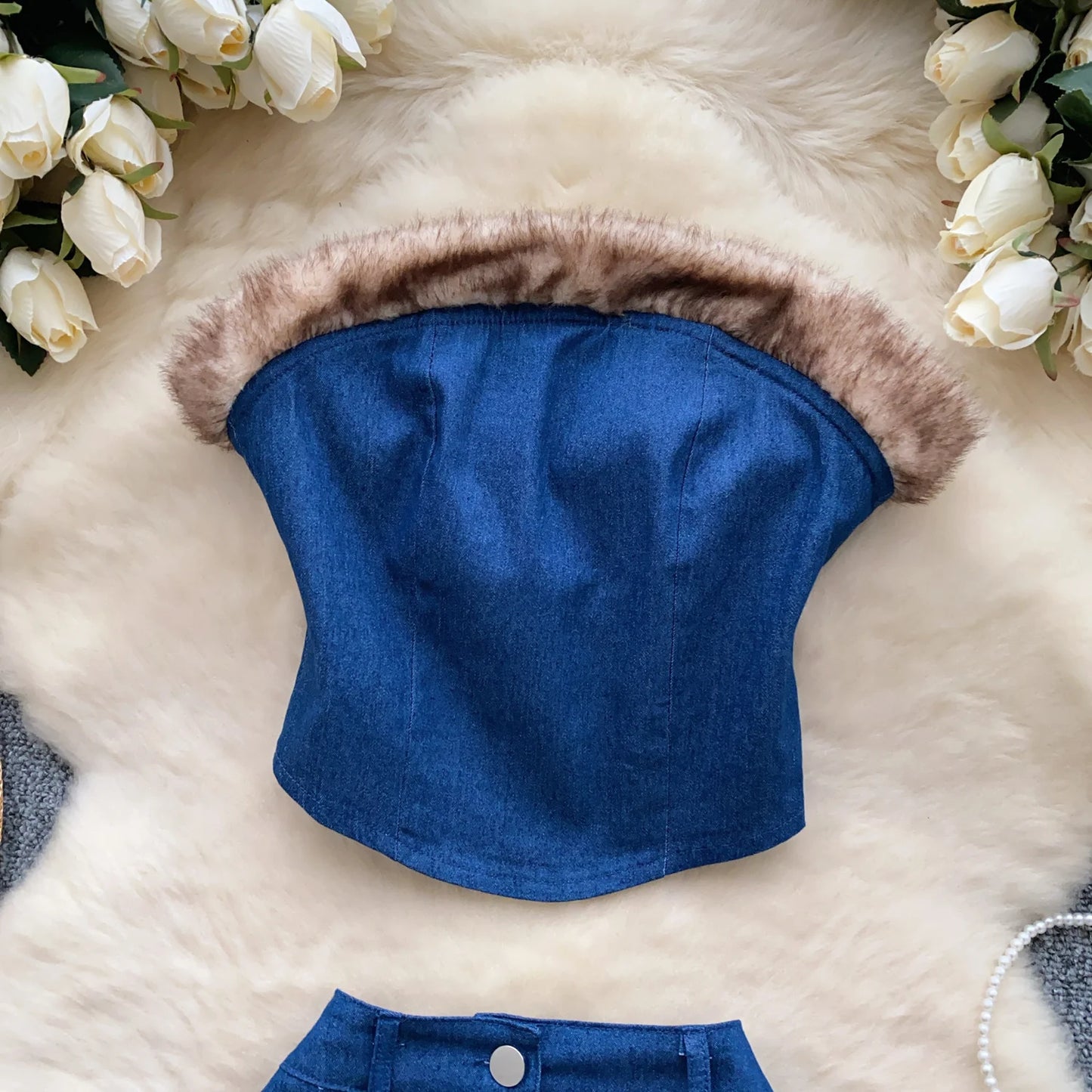 SINGREINY 2-Piece Denim Set – Strapless Feather Trim Crop Top + High Waist Skirt