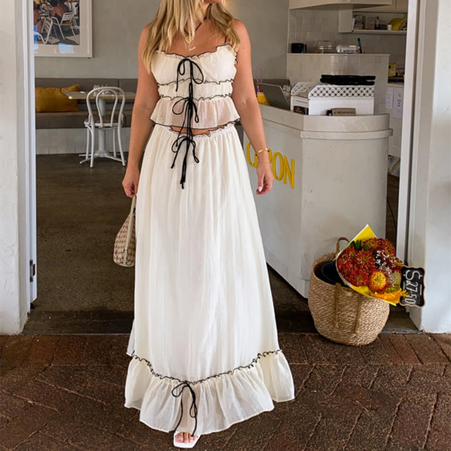 Y2K Patchwork Tie-Up Cami Top & Ruffle Maxi Skirt Set – Summer Beachwear