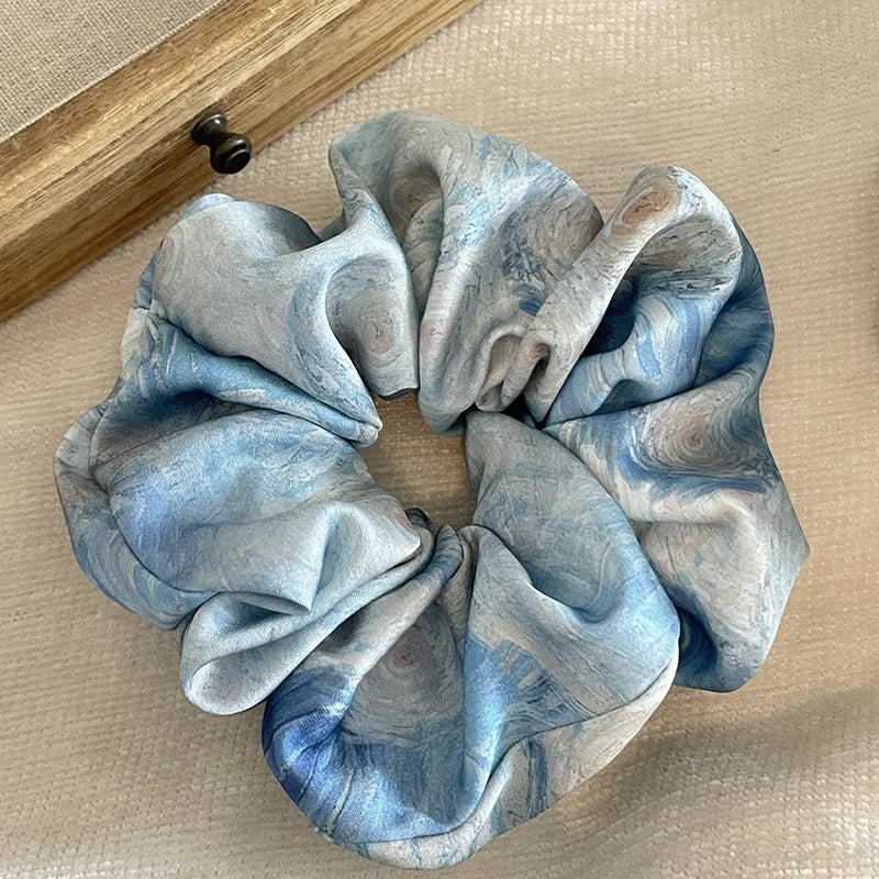 Elegant Blue Satin Bow Hair Scrunchie – Floral Oil Painting Design