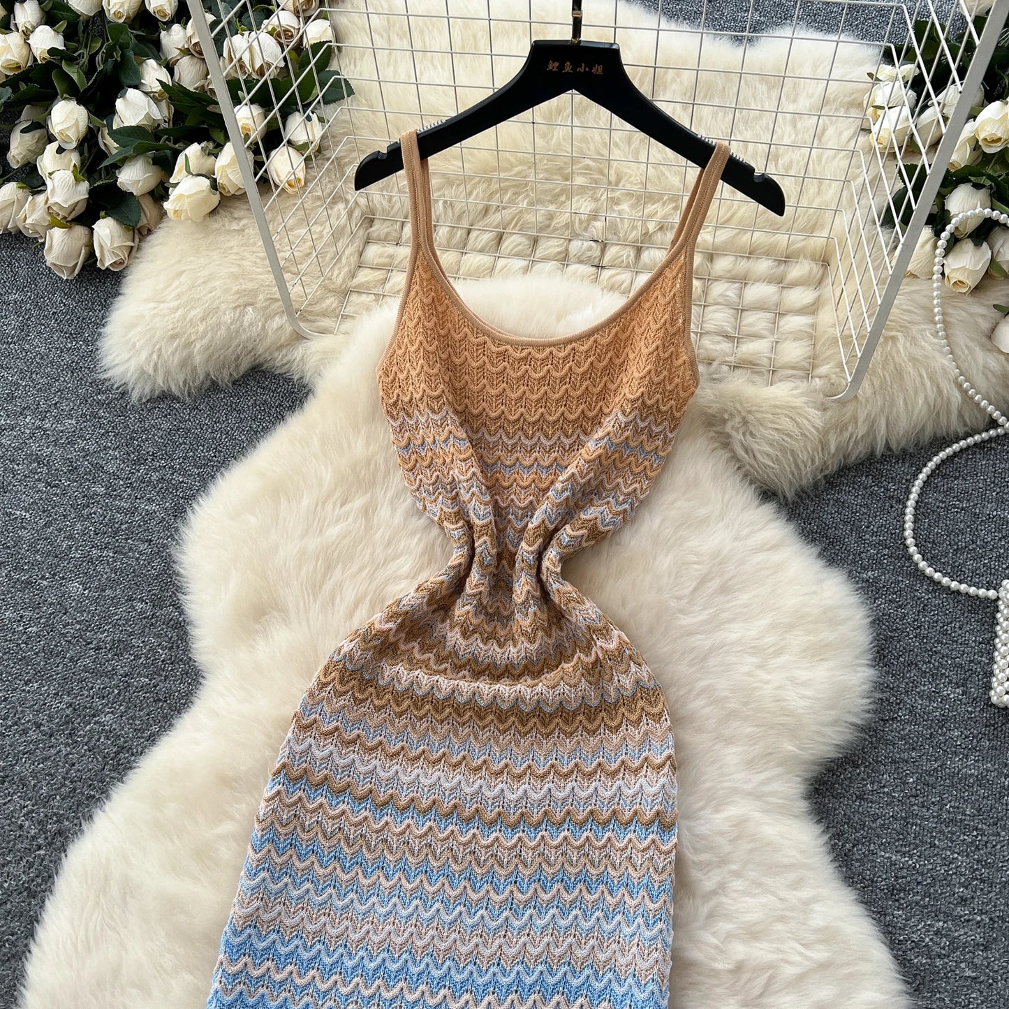 Korean Chic Knitted Gradient Long Dress – Sleeveless Spaghetti Strap Summer Beachwear