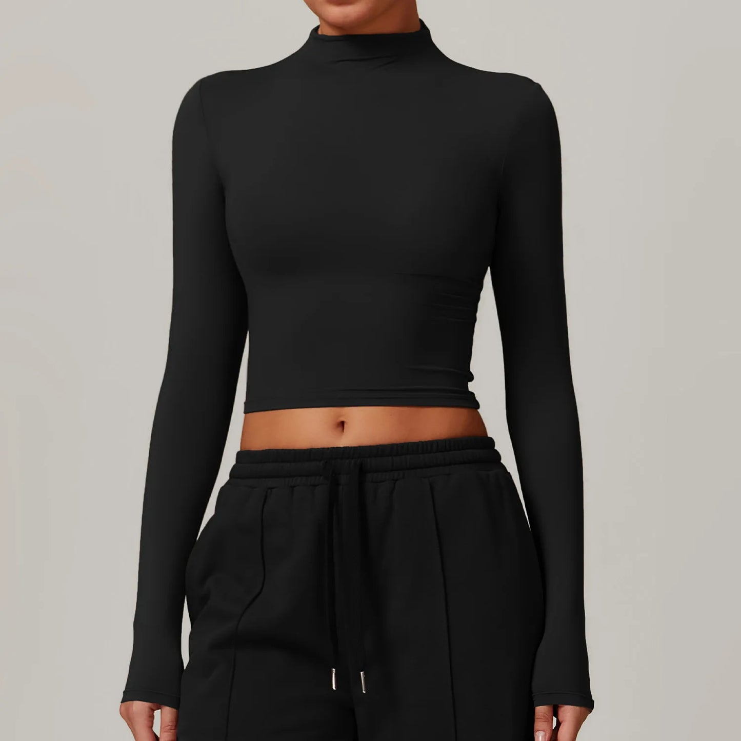 Women's Crop Top – High Neck Long Sleeve Sports Shirt for Yoga & Fitness