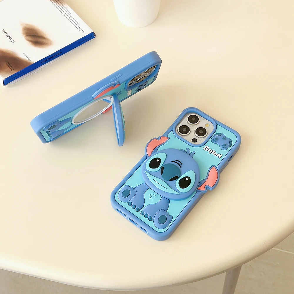 Funny Cartoon Stitch Soft Silicone Case with Mirror & Holder – For iPhone 11 to 16 Pro Max