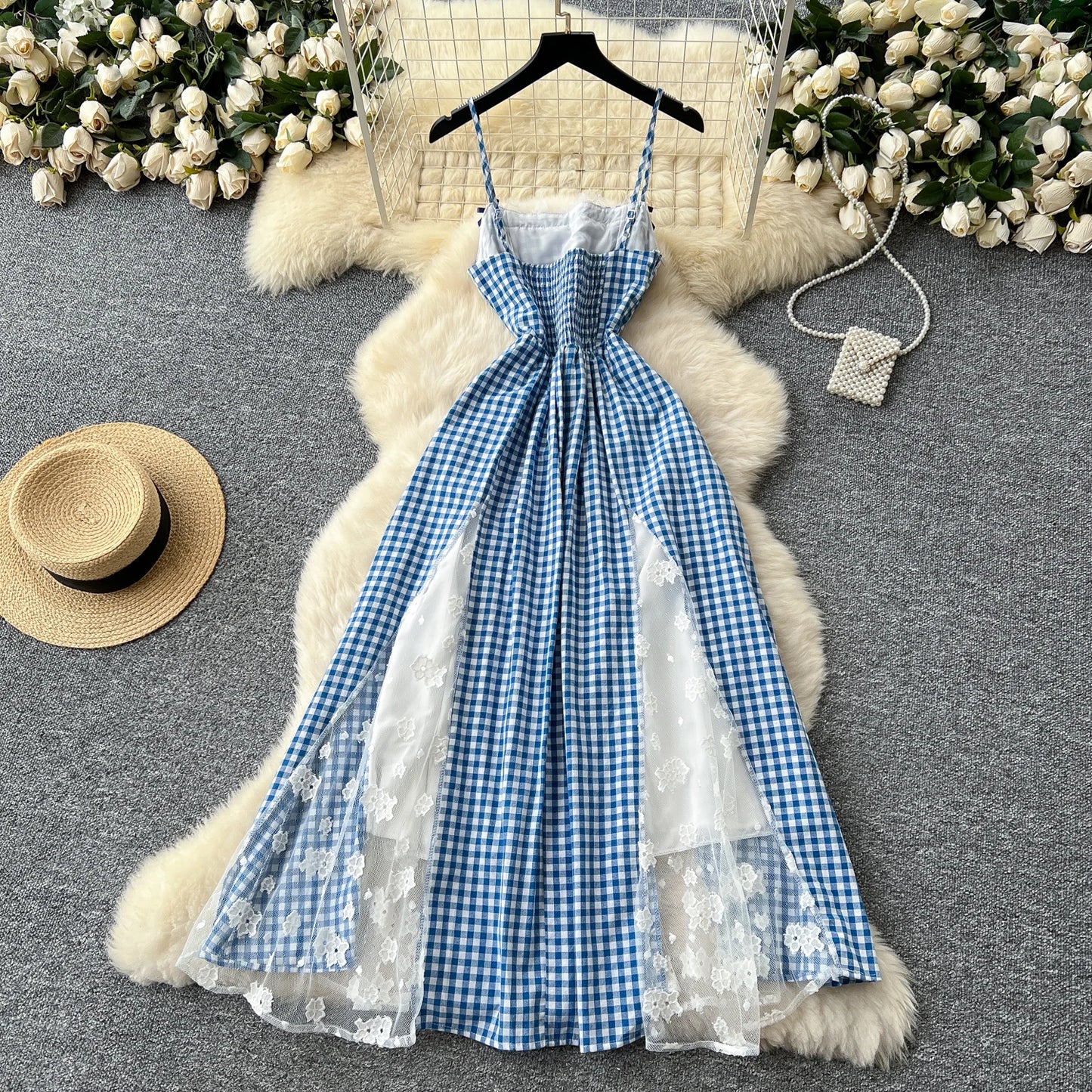 Blue Plaid Lace-Trim Vintage Sundress