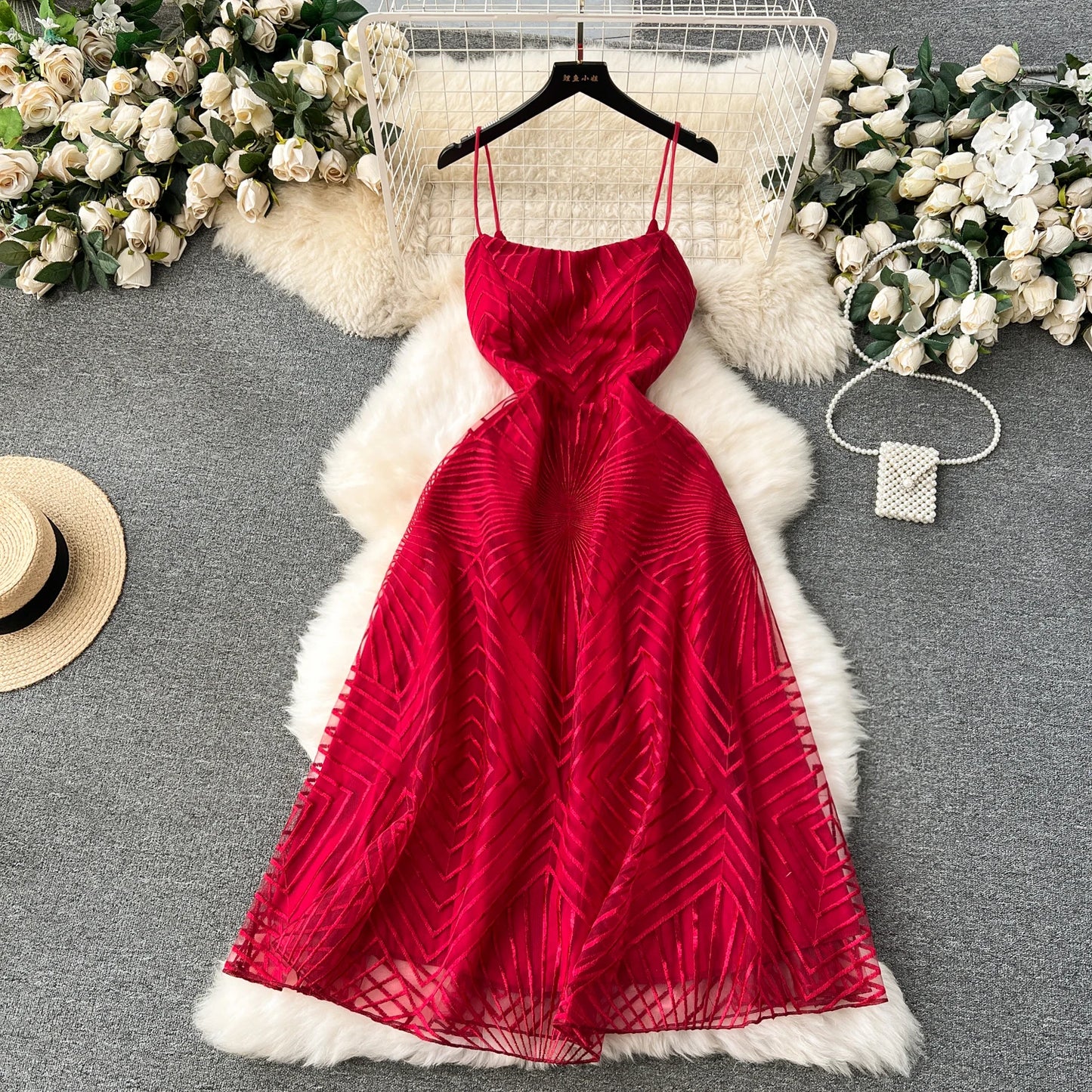 Luxury Mesh Party Dress – Embroidered Spaghetti Strap Gown