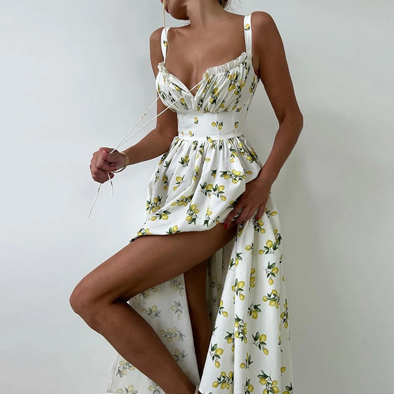 Printed Long Summer Dress with Slit and Spaghetti Straps