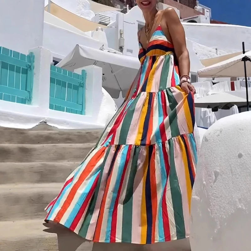 Rainbow Stripe Summer Dress – Vibrant & Chic Sleeveless Maxi