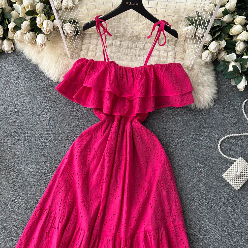 High Street Cotton Embroidery Off-Shoulder Backless Beach Dress – Long Summer Sundress
