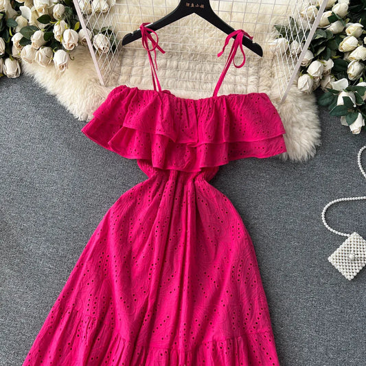 High Street Cotton Embroidery Off-Shoulder Backless Beach Dress – Long Summer Sundress