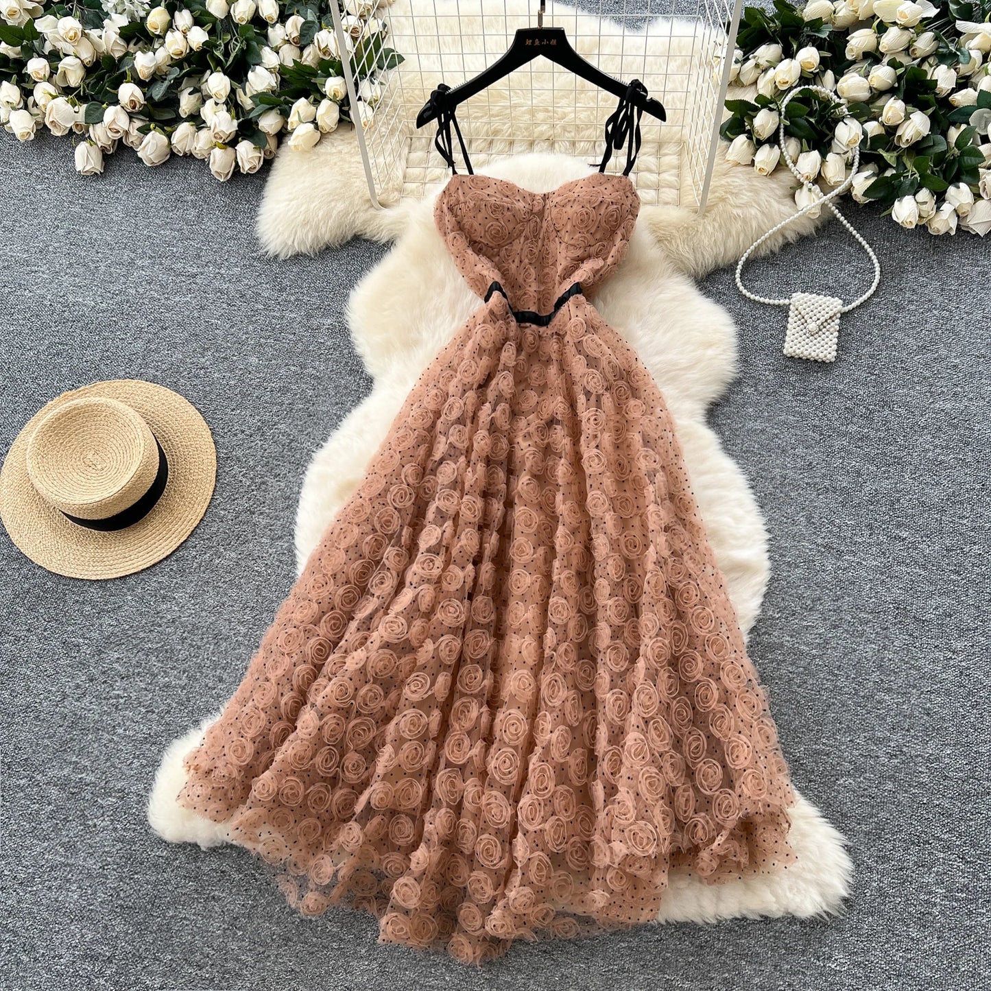 3D Roses Mesh Strap Dress – Backless Irregular Elegant Evening Long Dress