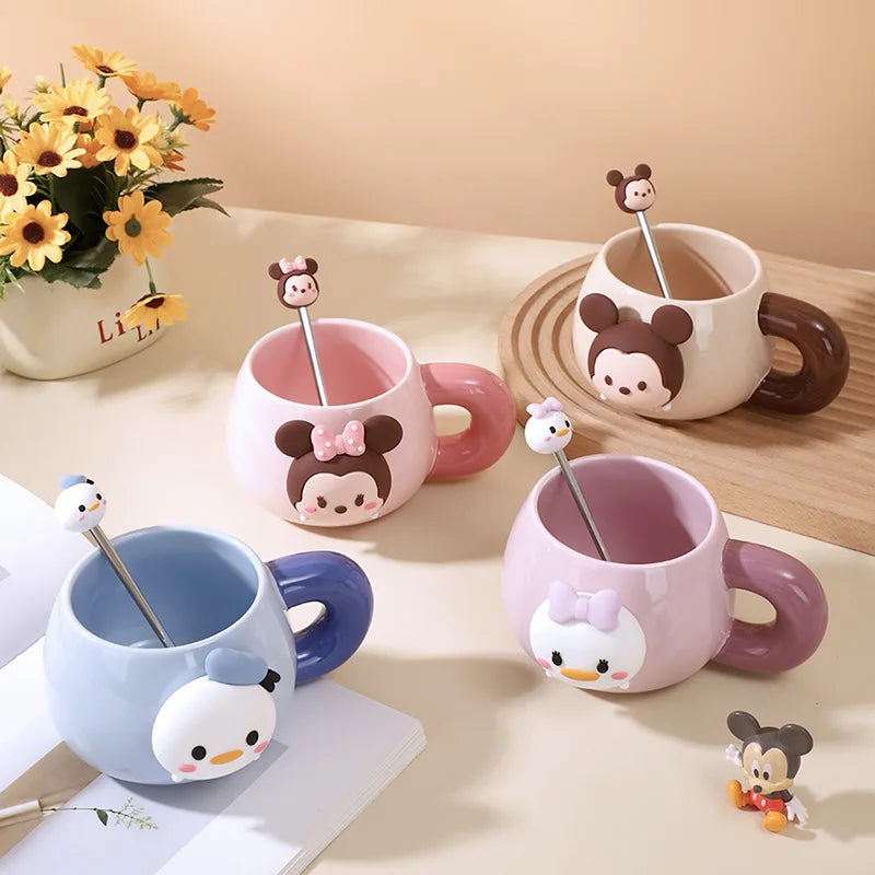 Disney Ceramic Mug with Lid & Spoon – Cute Mickey, Minnie & Lotso Design