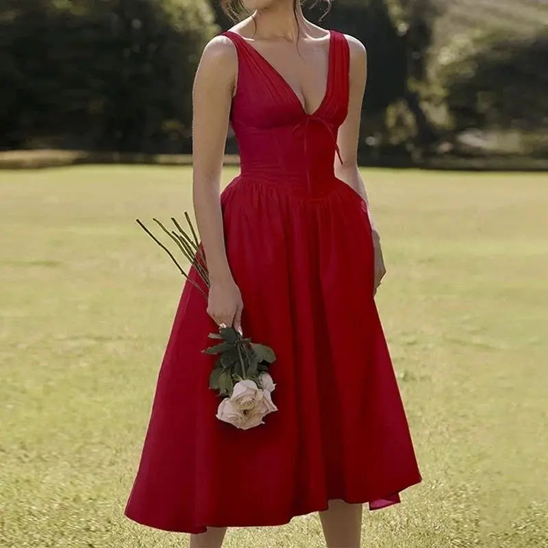 Floral V-Neck Pleated Midi Dress