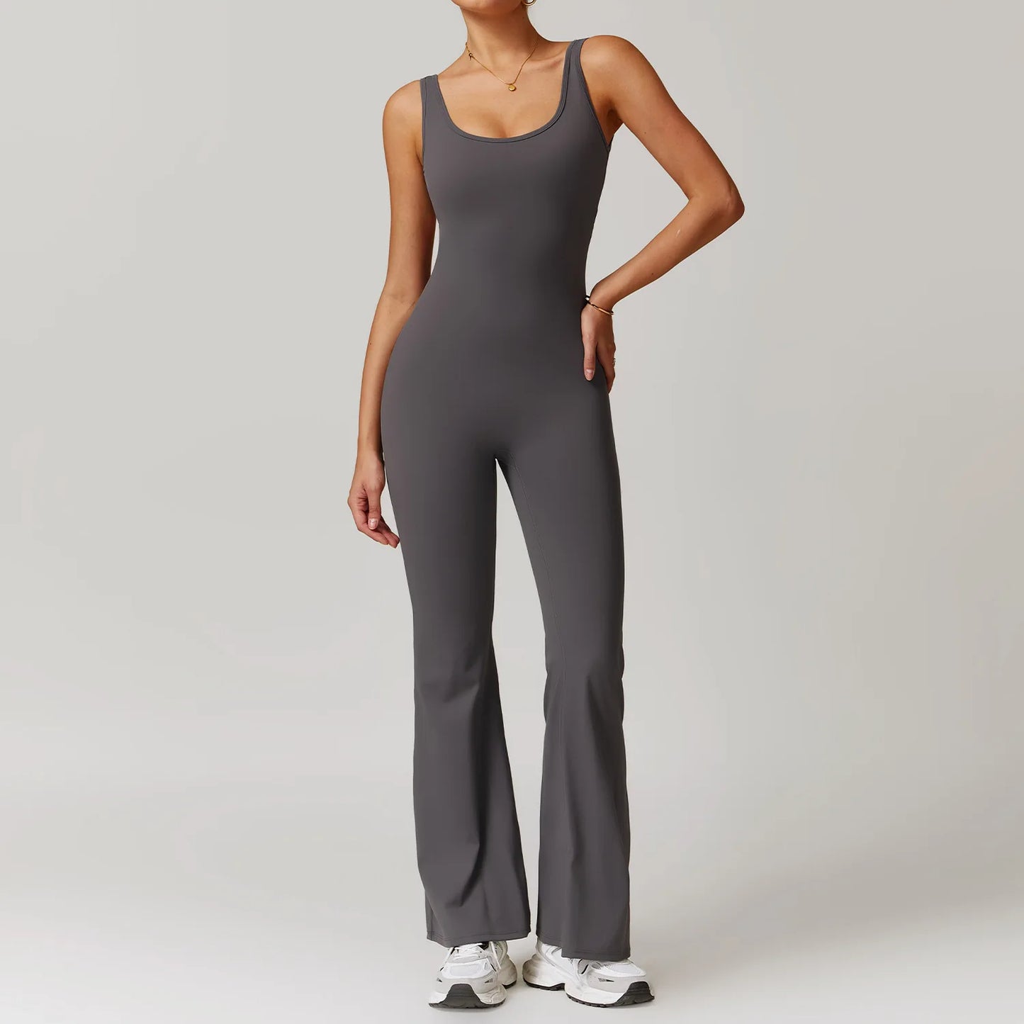 Women's V-Back Pocket Jumpsuit – Flared Leg Fitness Bodysuit