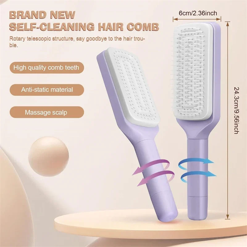 Self-Cleaning Rotating Scalp Massage Comb – Anti-Static & Retractable Design