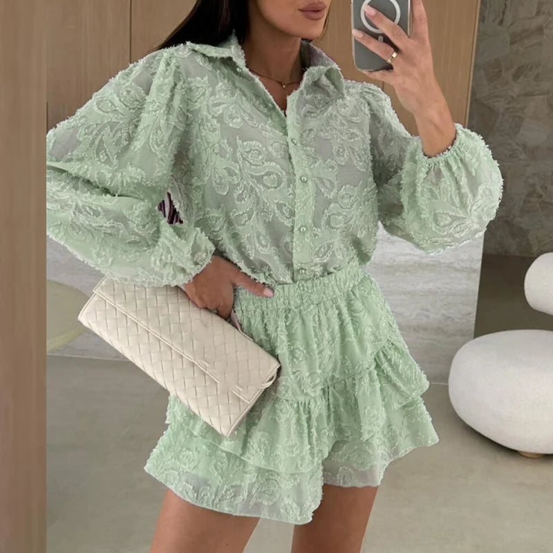 Lace Long Sleeve Shirt and Shorts Set