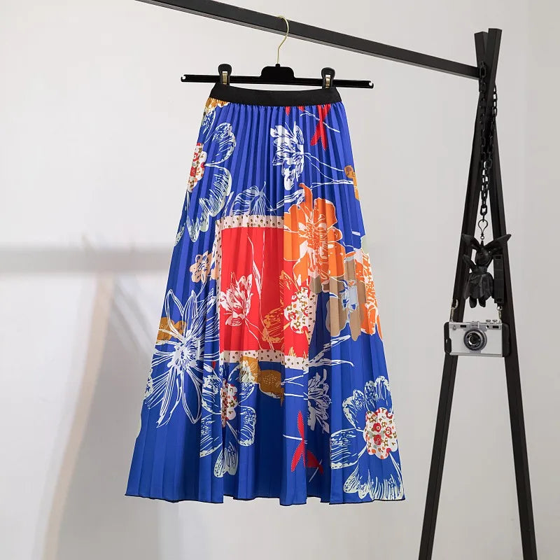 Women’s Cartoon Print Pleated Skirt – High Waist Big Swing Skirt