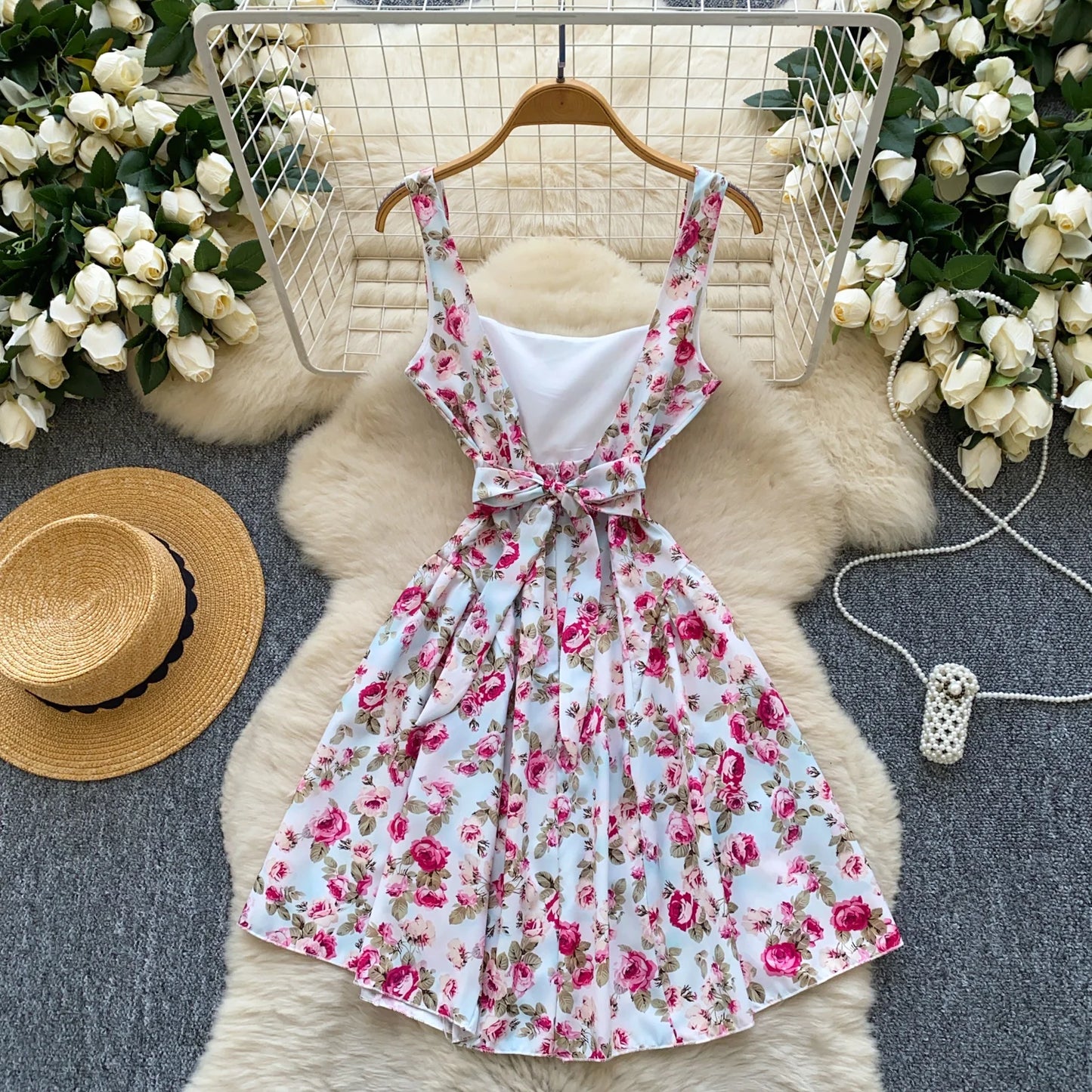 Floral Lace-Up Back Sundress – White with Pink Flowers