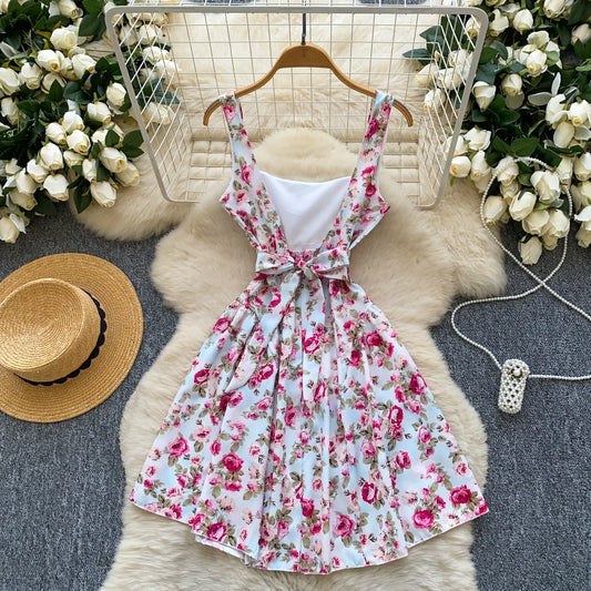 Floral Lace-Up Back Sundress – White with Pink Flowers