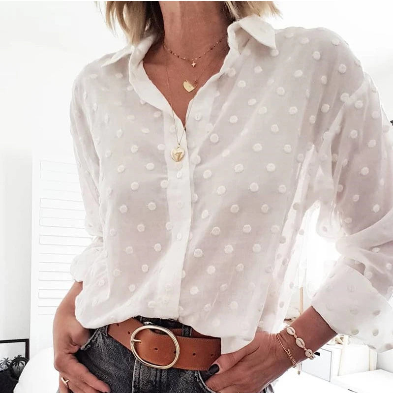 Elegant White Polka Dot Sheer Blouse – Long Sleeve Office & Casual Shirt