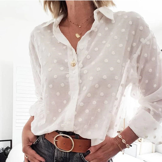 Elegant White Polka Dot Sheer Blouse – Long Sleeve Office & Casual Shirt