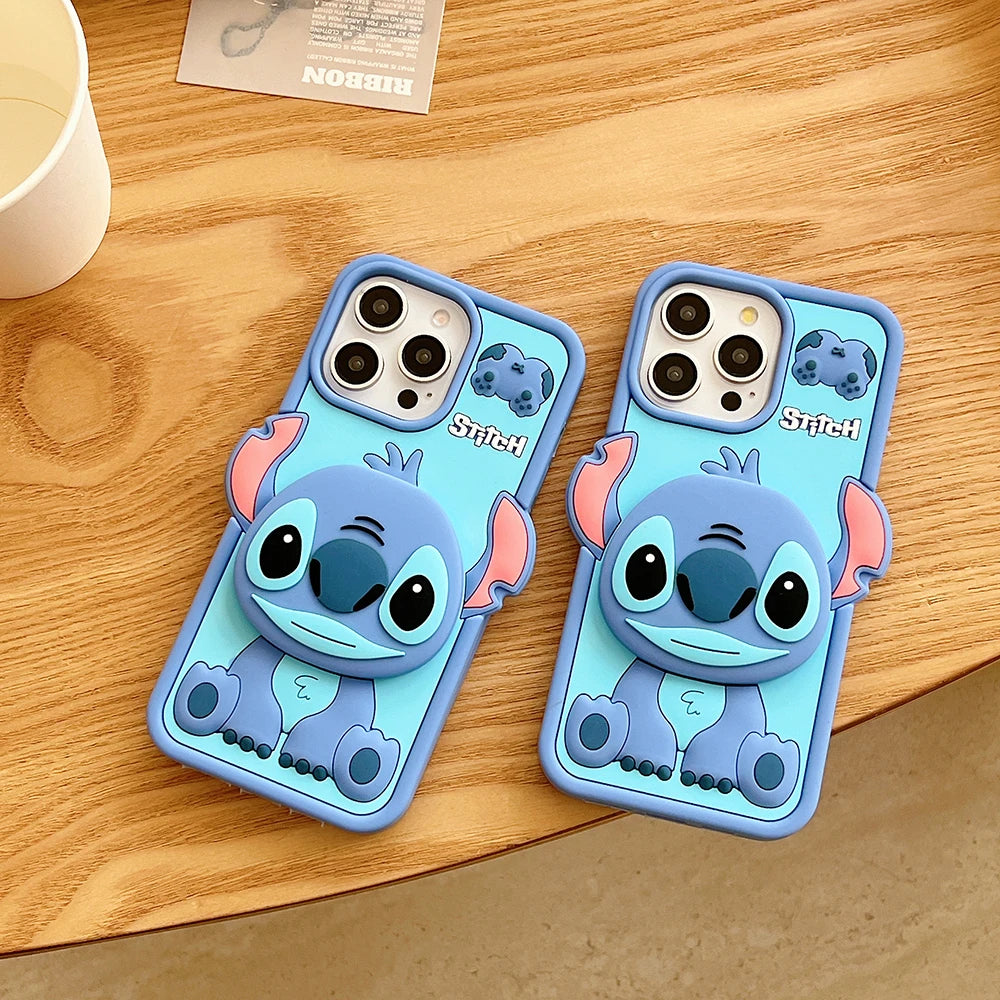 Funny Cartoon Stitch Soft Silicone Case with Mirror & Holder – For iPhone 11 to 16 Pro Max