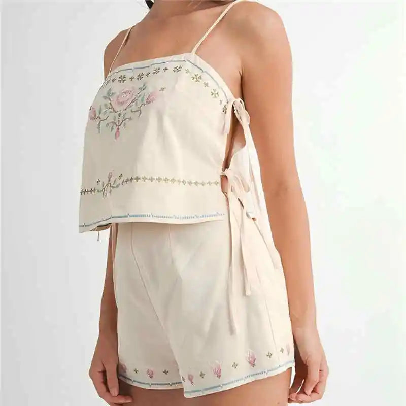 2-Piece Set – Floral Embroidered Crop Cami Top & Shorts