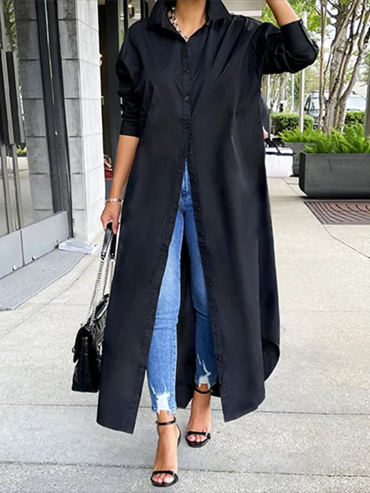 Long Shirt Dress with Lapel Collar