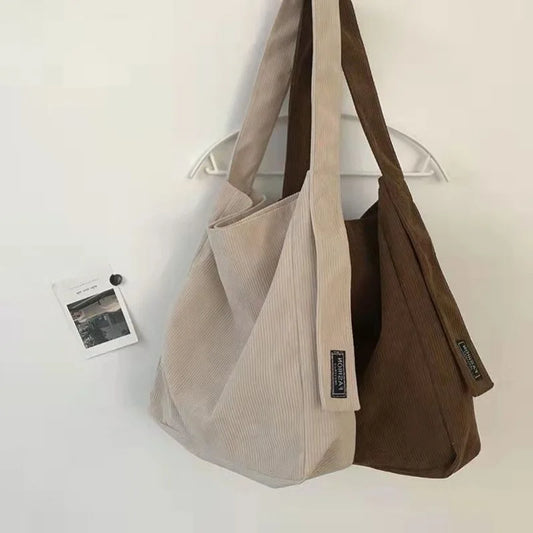 Large Corduroy Shoulder Tote for Women – Vintage Style Canvas Bag for Shopping or Daily Use