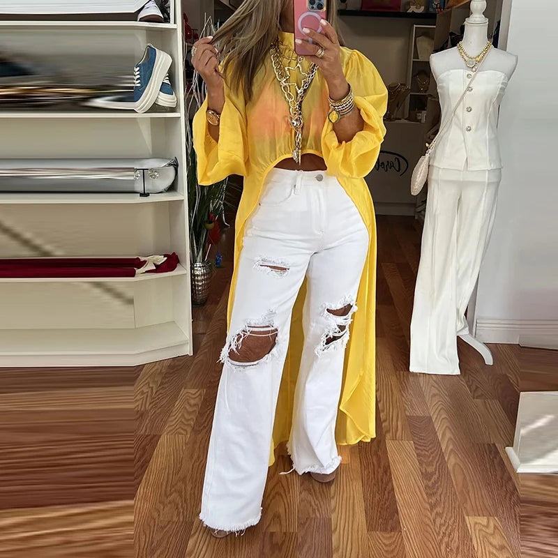 Asymmetrical Long Puff Sleeve Blouse
