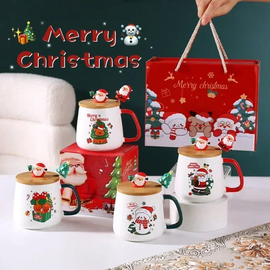 Christmas Ceramic Mug Set with Lid & Spoon – Holiday Edition