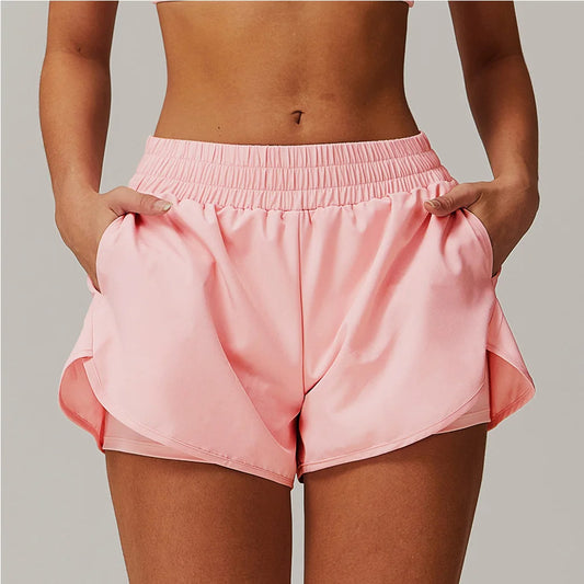 High-Waist Double-Layer Look Gym Shorts – Multi Colors