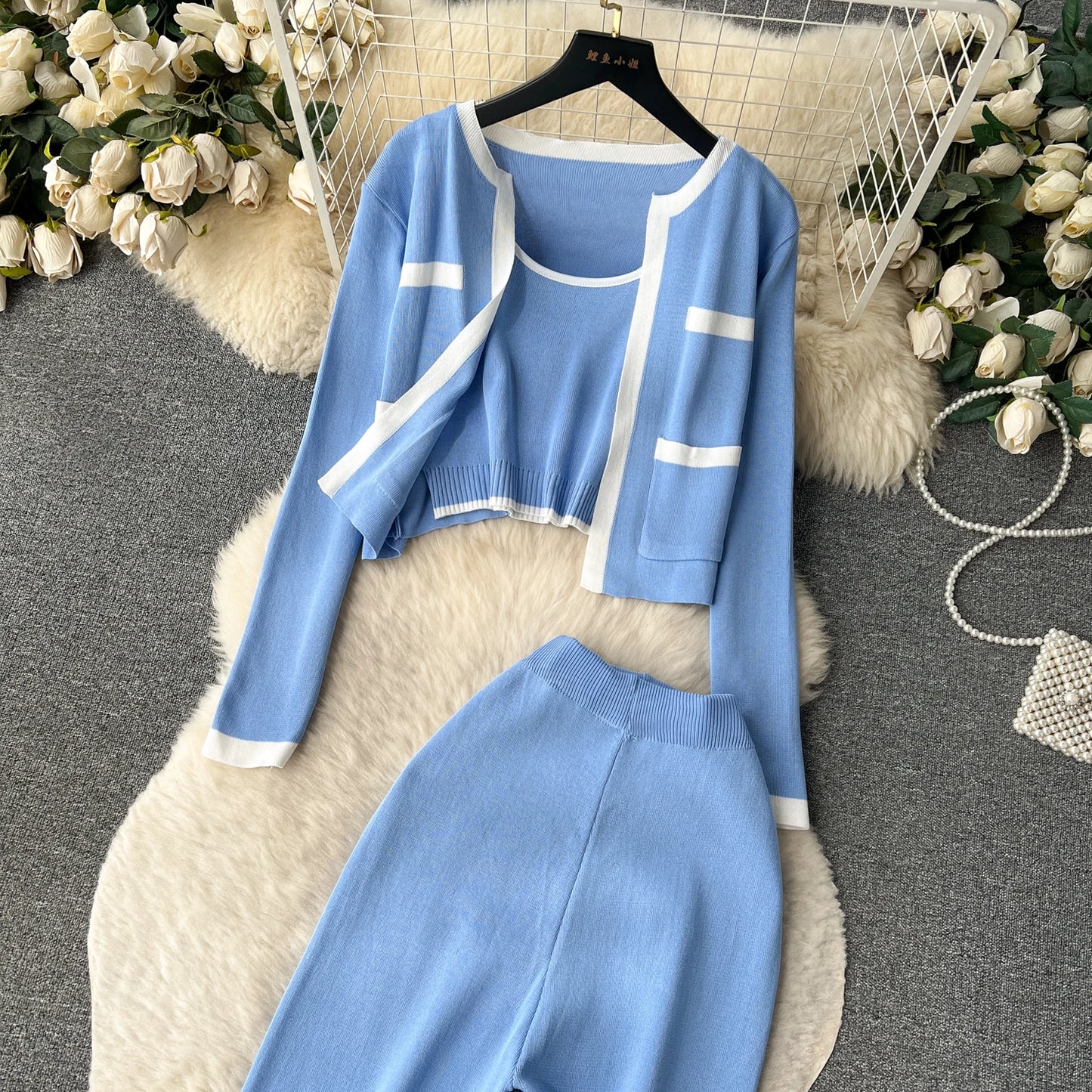 SINGREINY Autumn Knitted 3pcs Set – Slim Tank Top + Long Sleeve Cardigan + Elastic Pants (Brown)