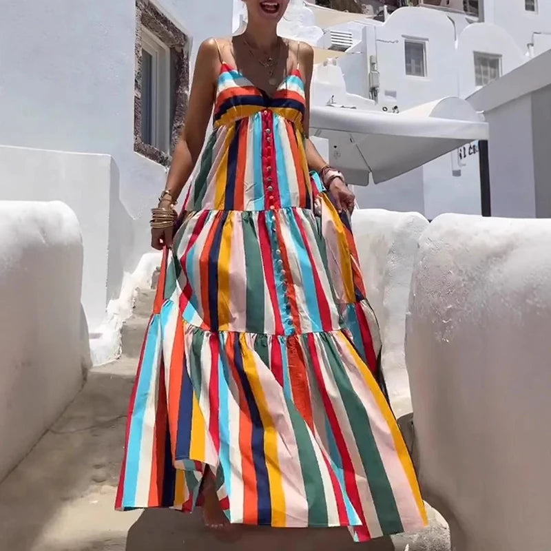 Rainbow Stripe Summer Dress – Vibrant & Chic Sleeveless Maxi
