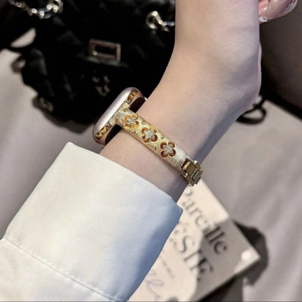 Luxury Bling Gold Stainless Steel Bracelet for Apple Watch – Crystal Decorated Women’s Band