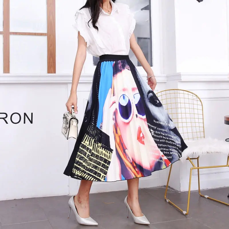 Women’s Cartoon Print Pleated Skirt – High Waist Big Swing Skirt