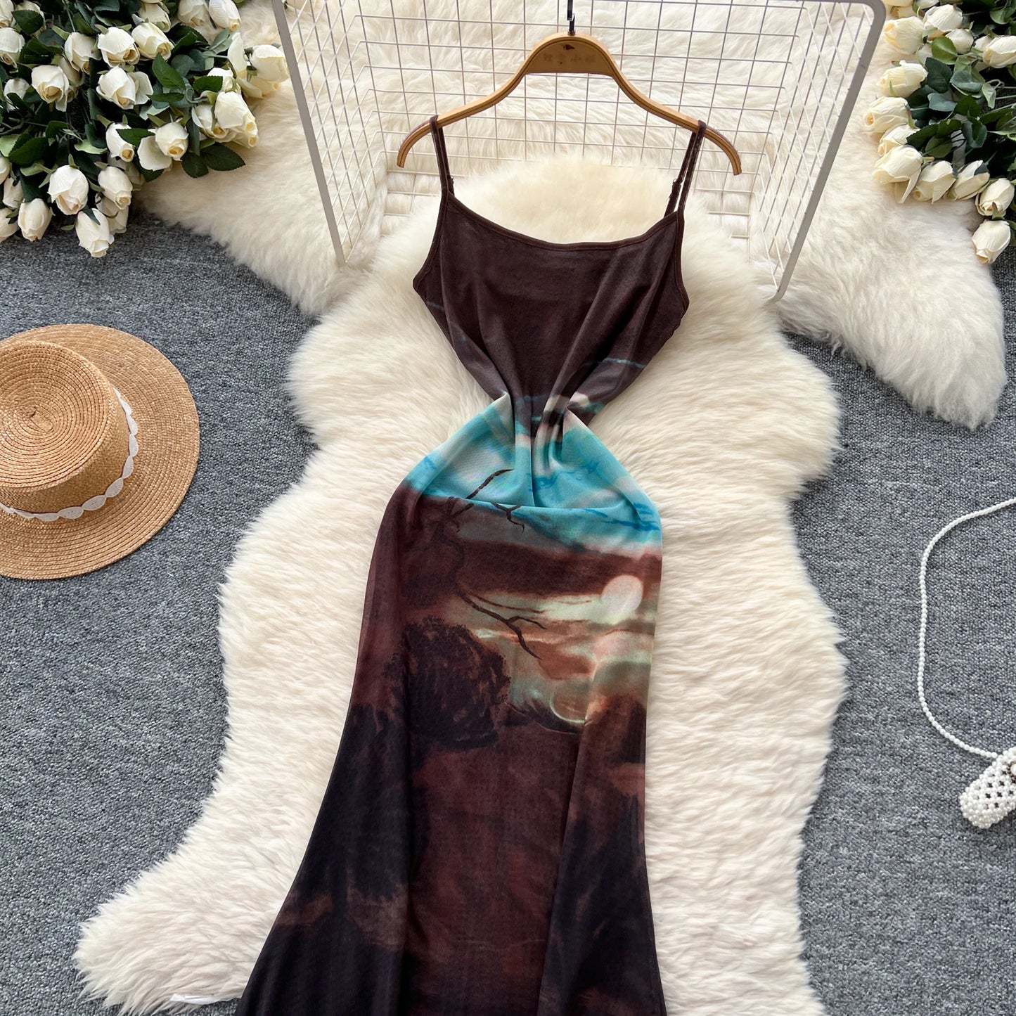 French Print Fishtail Sheath Dress with Spaghetti Straps