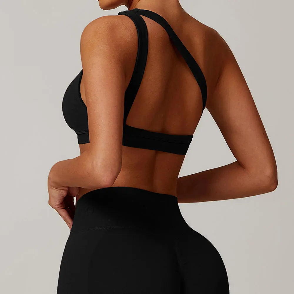 One-Shoulder Sports Bra – Shockproof Push-Up Fitness Top (Multi Colors)