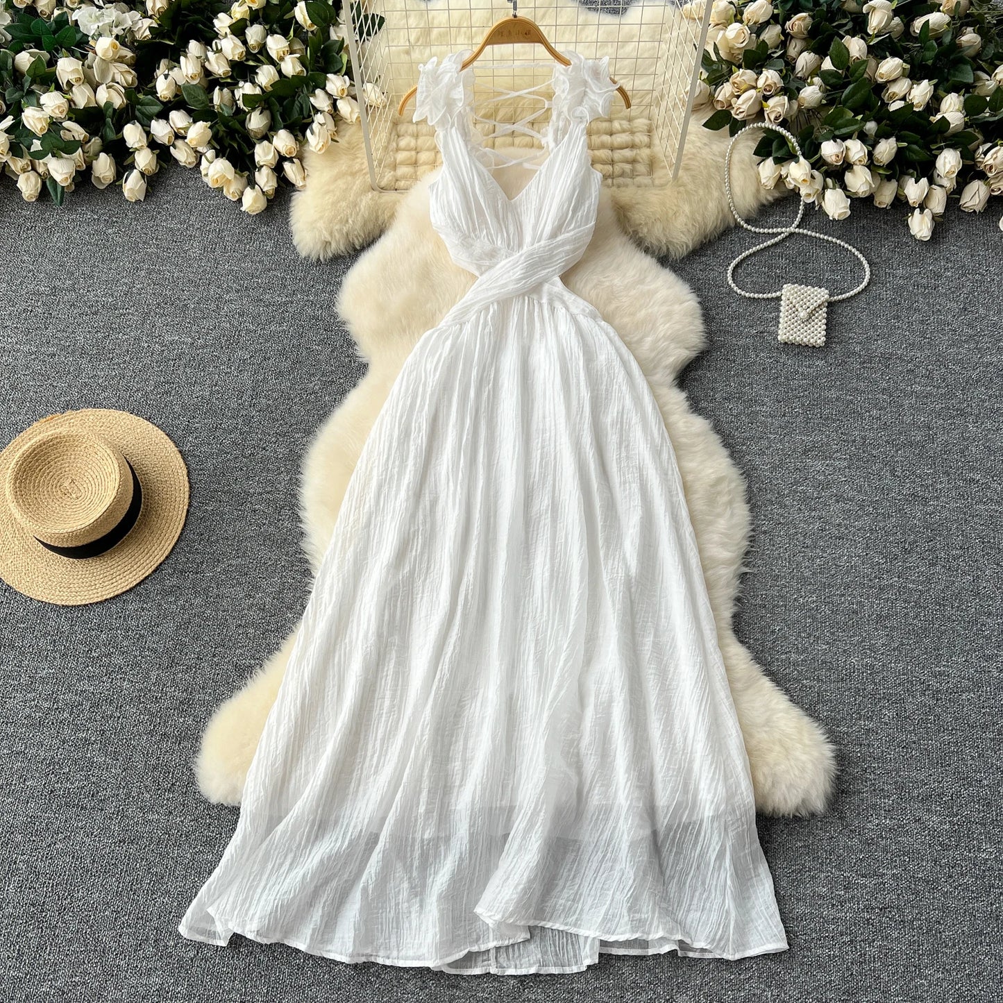 3D Floral Hollow Out Pleated Maxi Dress – Backless Vacation Beach Party Dress