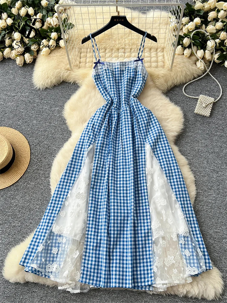Blue Plaid Lace-Trim Vintage Sundress