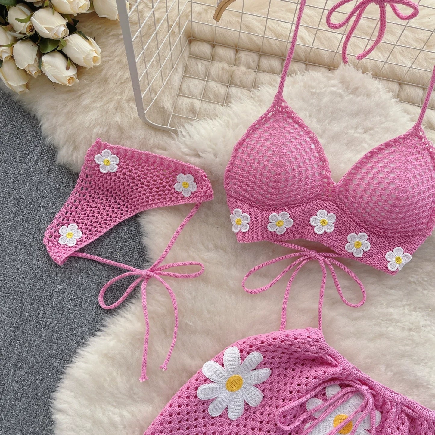 Korean Style Hollow Crochet 2-Piece Set – Halter Tie Front Top + Drawstring Split Mini Skirt with Flowers