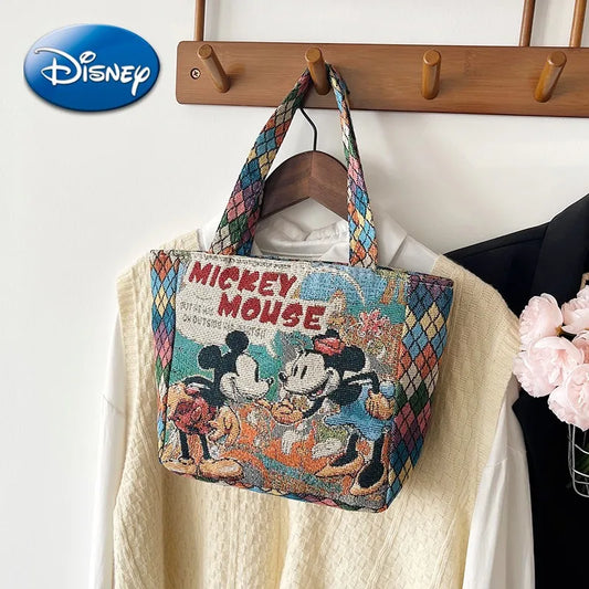 Retro Cartoon Canvas Shoulder Bag – Mickey, Minnie & Pooh Stylish Tote for Shopping & Daily Use