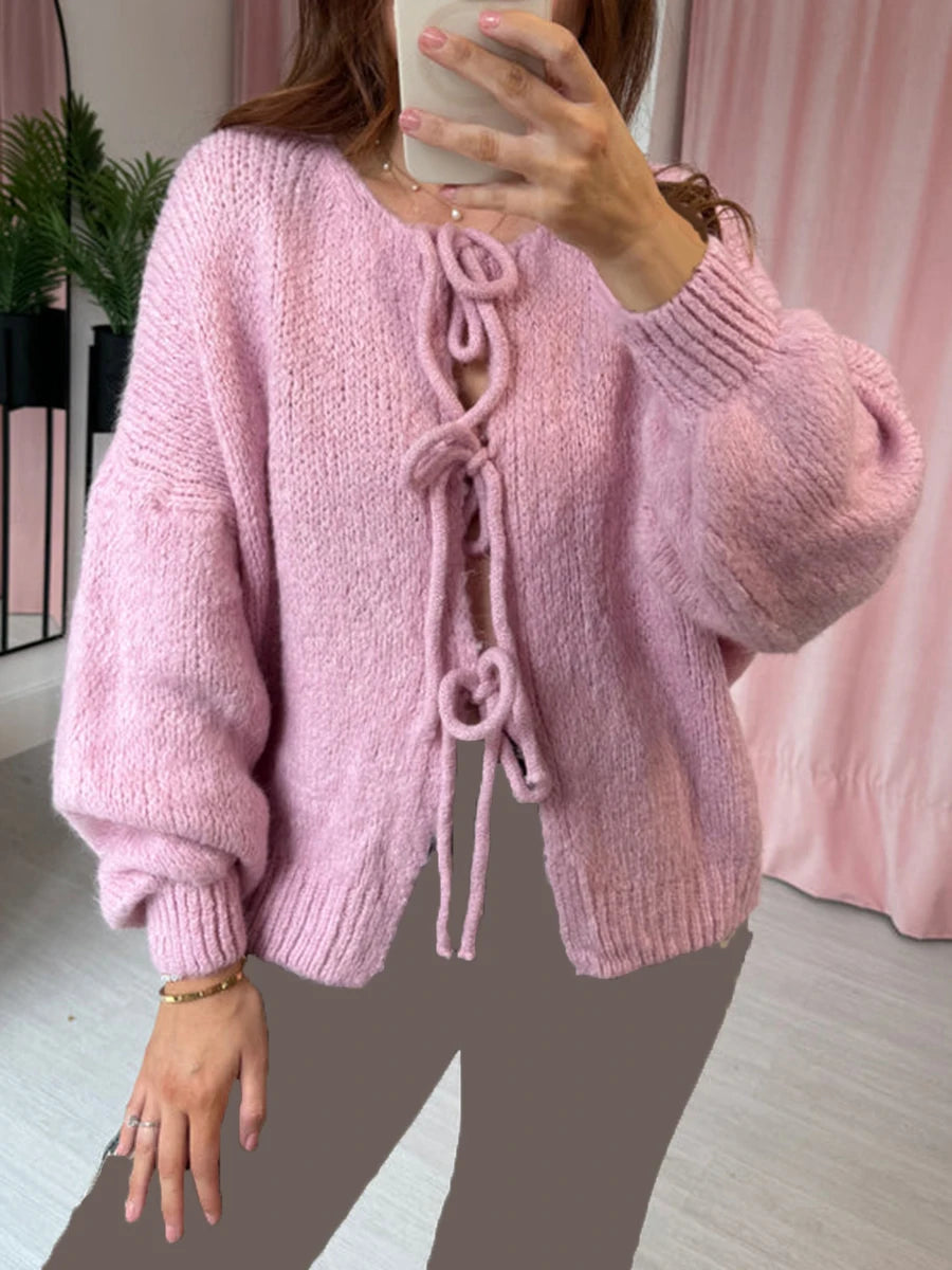Knitted Bow-Tie Front Oversized Cardigan