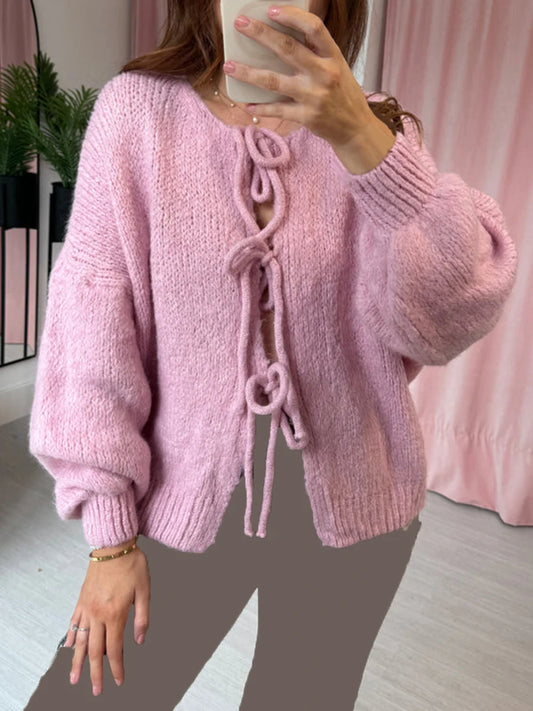 Knitted Bow-Tie Front Oversized Cardigan