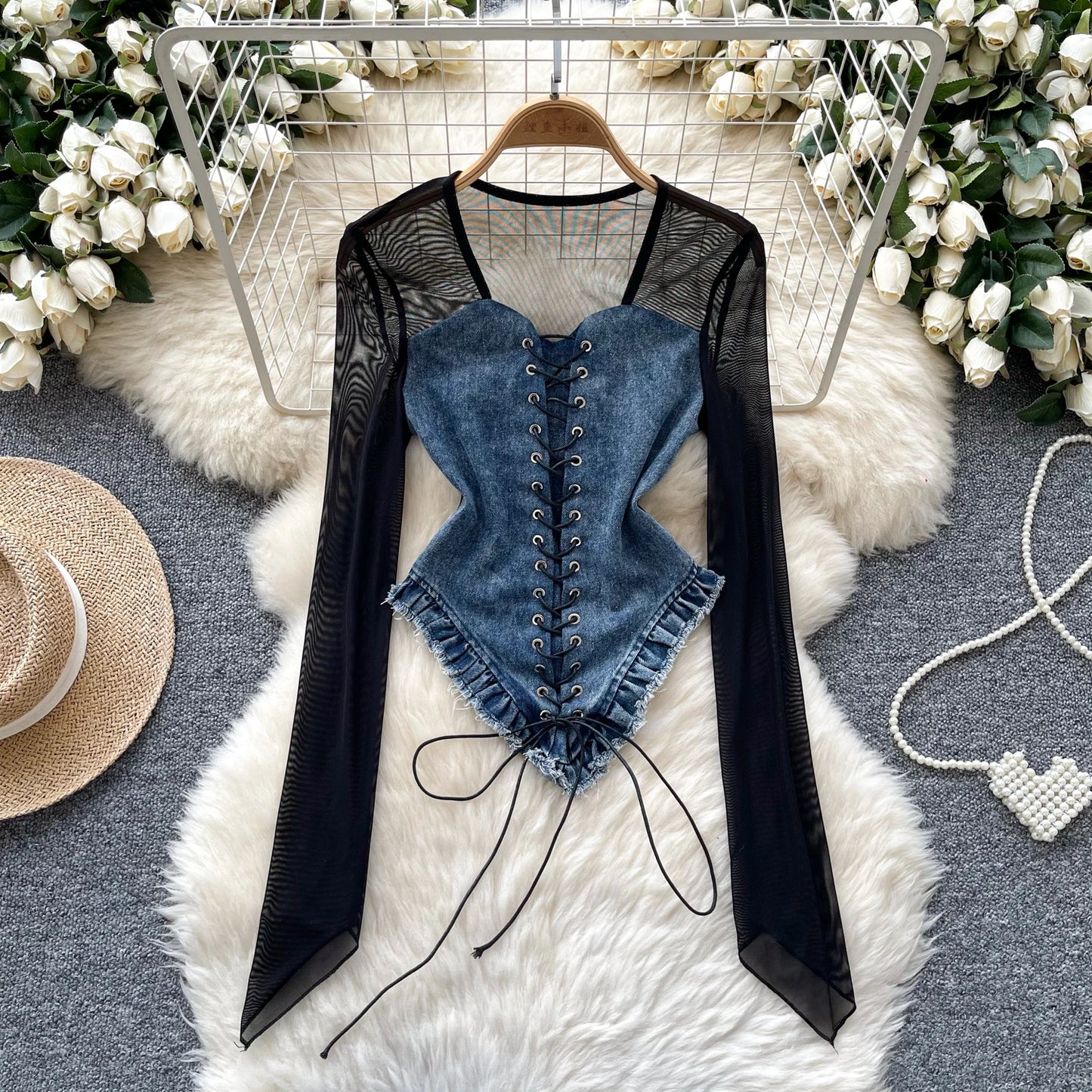 Women's Denim Corset Blouse with Sheer Long Sleeves – Patchwork Style