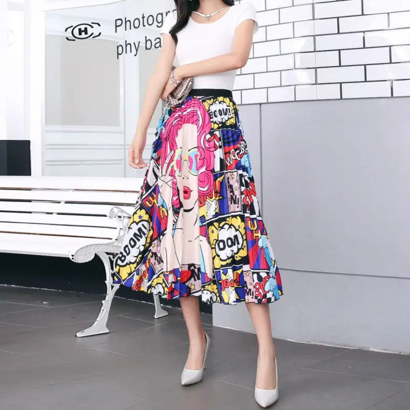 Women’s Cartoon Print Pleated Skirt – High Waist Big Swing Skirt