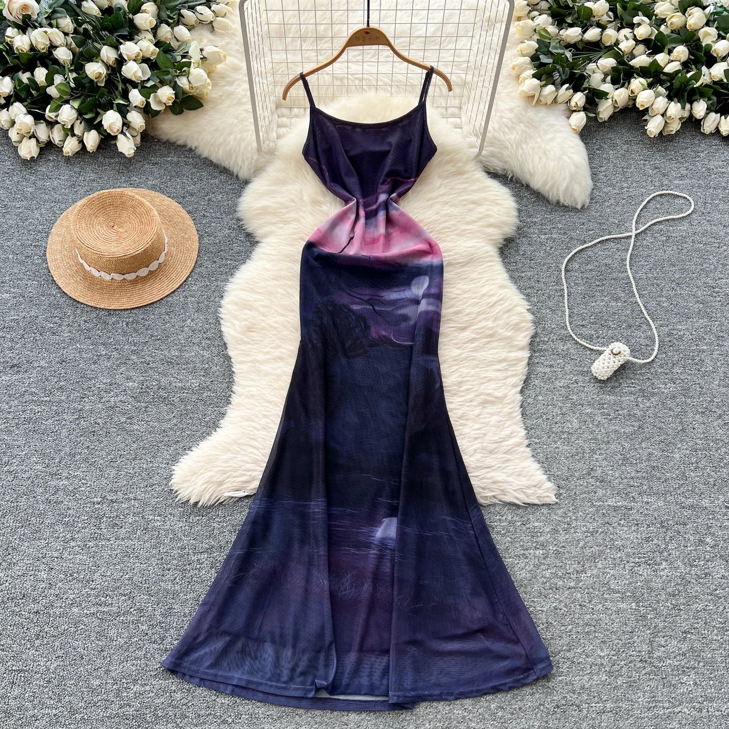 French Print Fishtail Sheath Dress with Spaghetti Straps